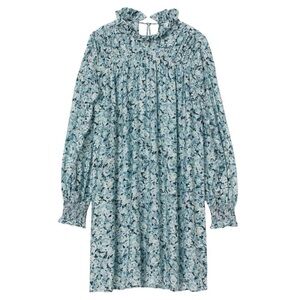 H&M Floral Ruffle Collar Long Sleeve A-line Blue Mini Dress